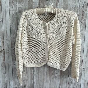 Vintage Cream Crochet Cropped Pearl Women's Cardigan Cottagegrandma Large